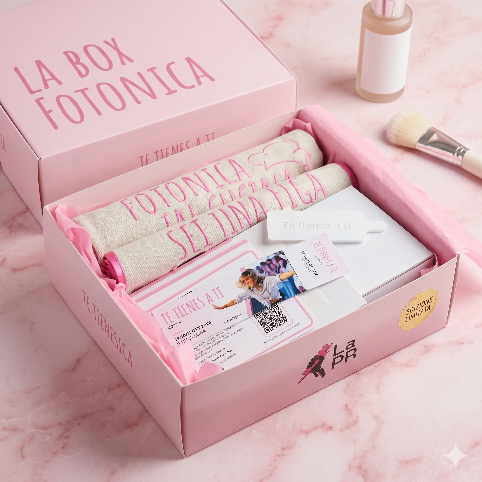 La Box Fotonica aperta su tavolo di marmo rosa